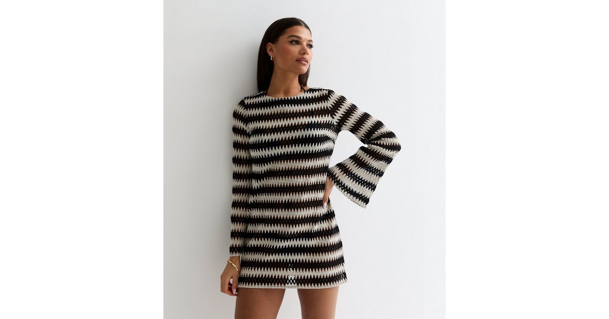 Black Stripe Crochet Flared Sleeve Mini Beach Dress | New Look | New Look (UK)