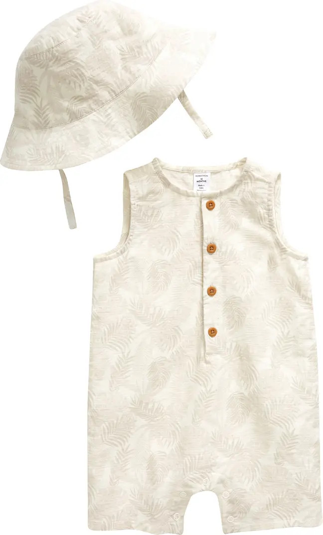 Print Cotton Henley Romper & Sun Hat Set | Nordstrom