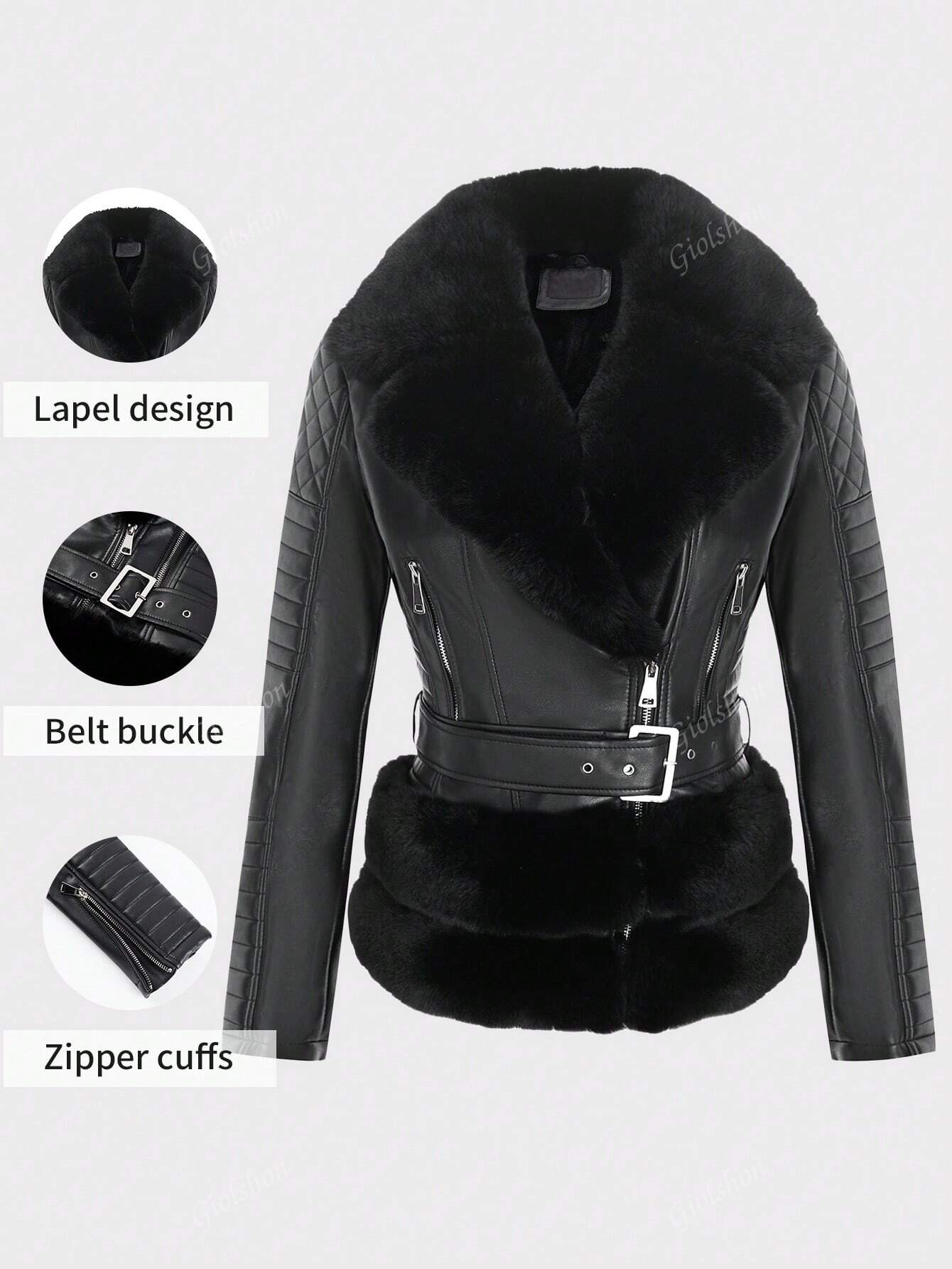 Women Retro Faux Leather Jacket With Elegant Oversized Faux Fur Collar & Belt, Warm Winter Motorc... | SHEIN