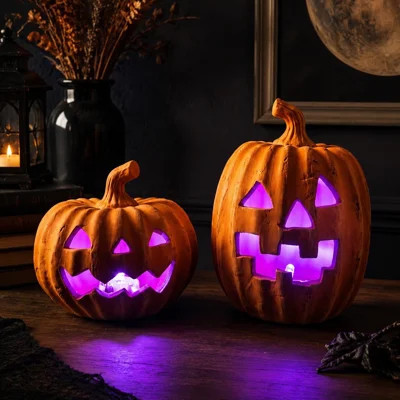2Pcs Terracotta Jack-o'-Lantern Pumpkins with LED Lighting and Timer, Clay Light-Up Indoor Halloween/Fall Decor for Farmhouse Table Centerpiece | Wayfair North America