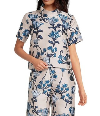 Coordinating Jacquard Floral Print Short Sleeve Mock Neck Top | Dillard's