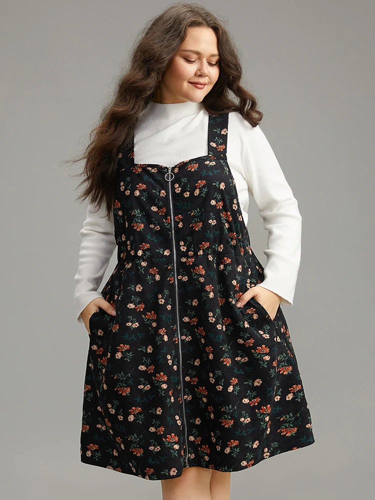 Ditsy Floral Corduroy Pocket Zipper Fly Cami Dress | Bloomchic