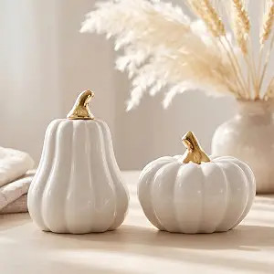 Qinyoung 2 Pcs Ceramic Pumpkins for Home Decor Thanksgiving Artificial Pumpkins Figurines Tall an... | Amazon (US)
