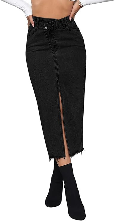 SweatyRocks Women's Casual High Waist Denim Skirt Split Hem Raw Trim Midi Jean Skirts | Amazon (US)