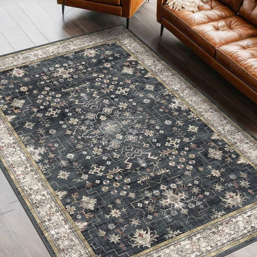 Black Boho Living Room Rug 5x7, Washable Dark Vintage Moody Low Pile Non Slip Carpet for Bedroom,... | Amazon (US)
