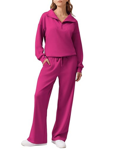 PINSPARK 2 Piece Sets for Women 2025 Fall Trendy Sweatsuit Long Sleeve Pullover Tops and Drawstring Sweatpants Lounge Sets, Rose Red Tall XXL | Amazon (US)