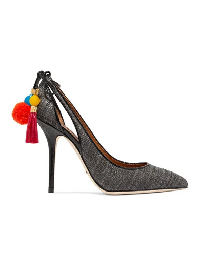 Dolce & Gabbana - Ayers-trimmed Pompom-embellished Cutout Raffia Pumps - Charcoal | NET-A-PORTER (US)