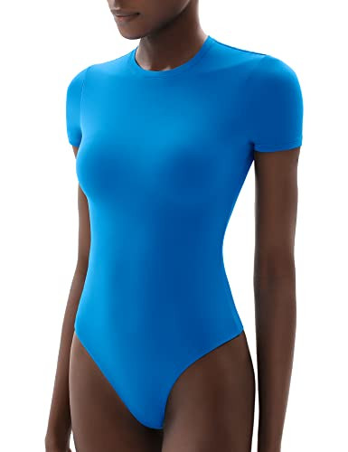 PUMIEY Bodysuit for Women Short Sleeve Blue Body Suits Blue Tops Women Fashion Clothing Pool Large | Amazon (US)