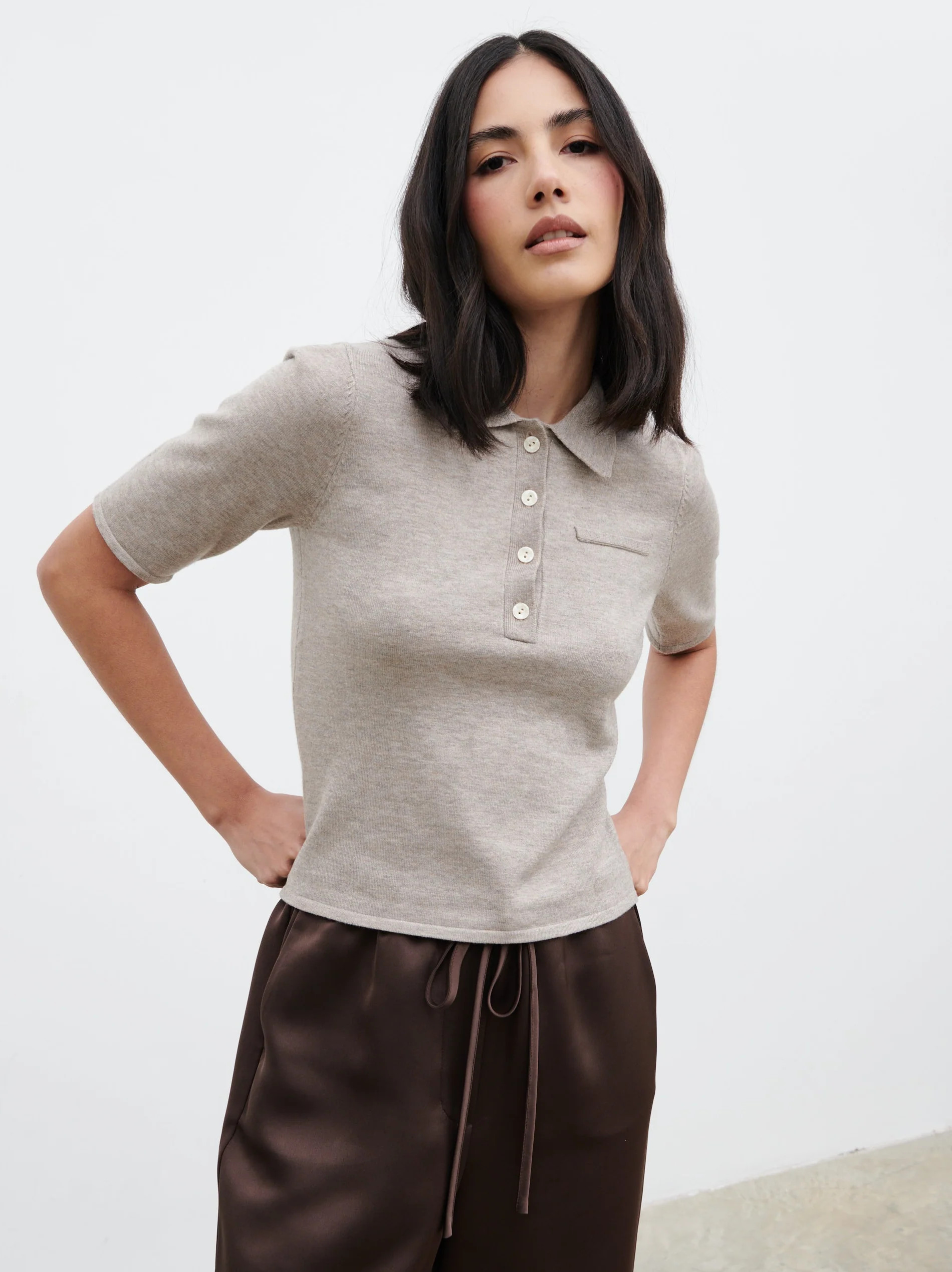 Alva Knitted Polo Top - Light Taupe | Pretty Lavish (UK)
