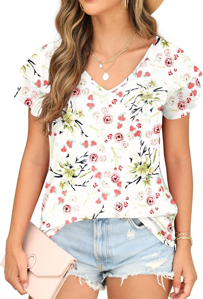 FREEOAK Womens Floral Tops Ruffle Sleeve Shirts for Women V Neck Loose Fit Casual Tee Tunics | Amazon (US)
