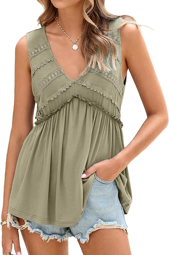 Glamaker Women Summer Tank Tops Babydoll Beach Lace Peplum Tops Boho Flowy Sleeveless V Neck Casu... | Amazon (US)