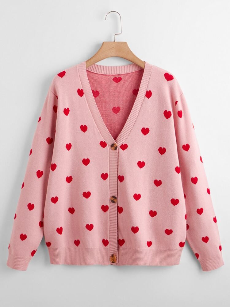 Plus Heart Pattern Button Front Cardigan | SHEIN