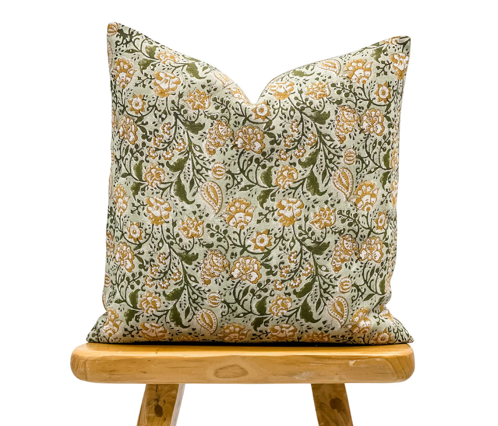 Designer Floral Print on Natural Linen Pillow Cover, Olive green and Mustard Pillow cover, Boho P... | Etsy (US)