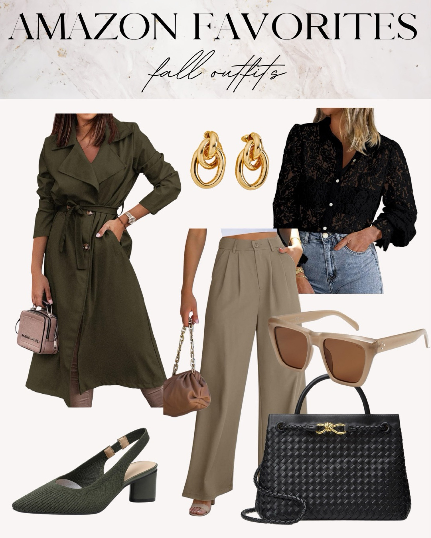 Amazon favorites, fall outfit, trench coat, fall blouse, gold earrings, fall bag, neutral pants 

#LTKStyleTip