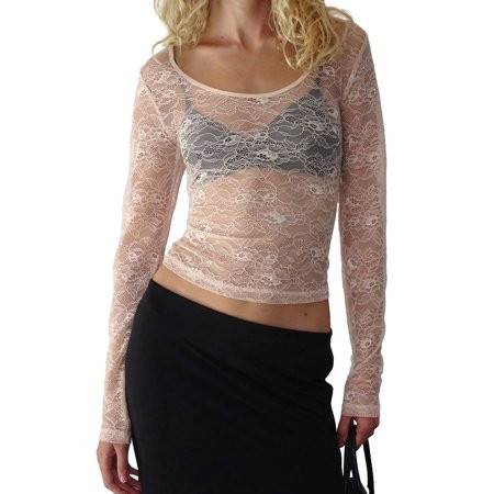 Round Neck Long Sleeve Lace Tops for Women with See-Through Design | Walmart (US)
