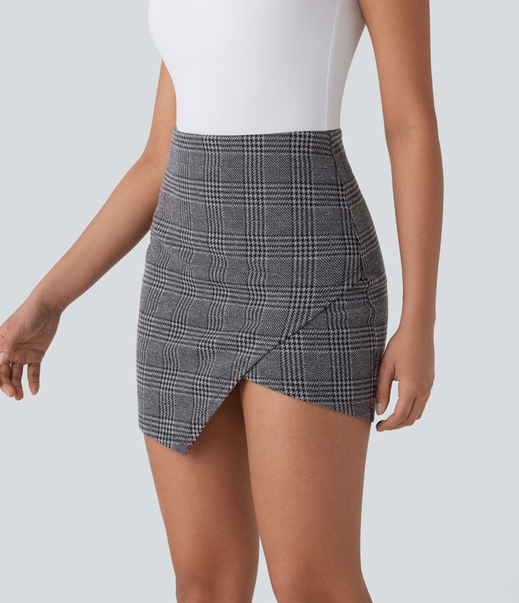 Women’s High Waisted 2-in-1 Pocket Asymmetric Hem Houndstooth Plaid Bodycon Mini Work Skirt - H... | HALARA