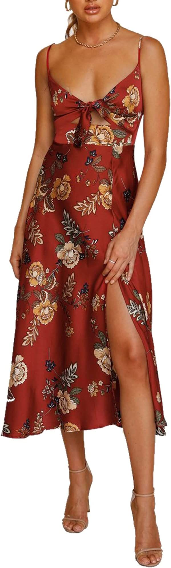 Women Spaghetti Strap Midi Satin Dresses Tie Front Backless Split Hollow Dress | Amazon (US)