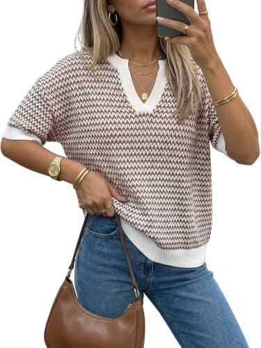 Arach&Cloz Women's 100% Cotton Polo V Neck Striped Short Sleeve Summer Casual Pullover Sweaters 2... | Amazon (US)