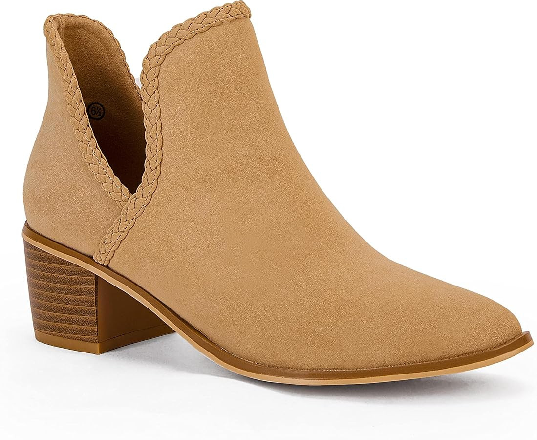 Womens Cutout Ankle Boots Pointed Toe Slip On Chunky Low Heel Booties Fall Winter Casual Suede Sh... | Amazon (US)