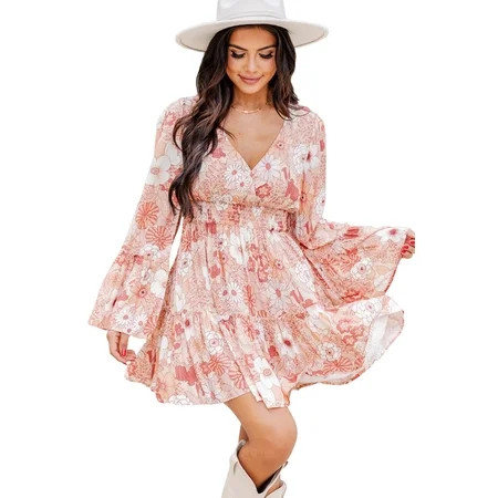Feminine Pink Floral Mini Dress with V Neck and Cinched Waist - [ZhiHiMeRi] | (US 8-10)M Apricot Powder | Walmart (US)