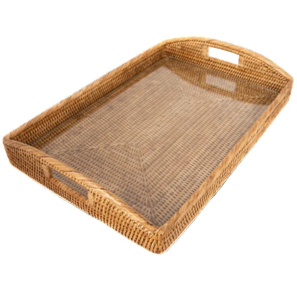 21 inch Rectangular Rattan Serving Tray with Glass Insert | Half Past Seven
