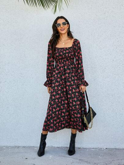 Bell Sleeve Shirred Bodice Ditsy Floral Dress | SHEIN