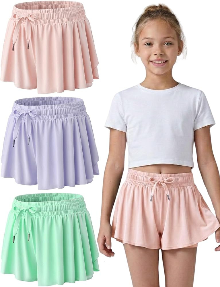 3 Pack Girls Flowy Shorts with Spandex Liner 2-in-1 Youth Butterfly Skirts for Fitness, Running, ... | Amazon (US)