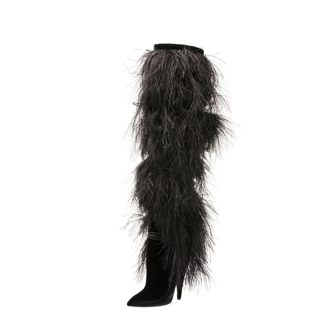 Black Faux Fur Pointy Toe Cone Heels Strappy Knee-High Boots | FSJshoes