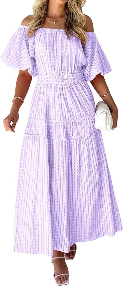MASCOMODA Off The Shoulder Flowy Maxi Dress for Women 2024 Summer Casual Puff Short Sleeve Smocke... | Amazon (US)
