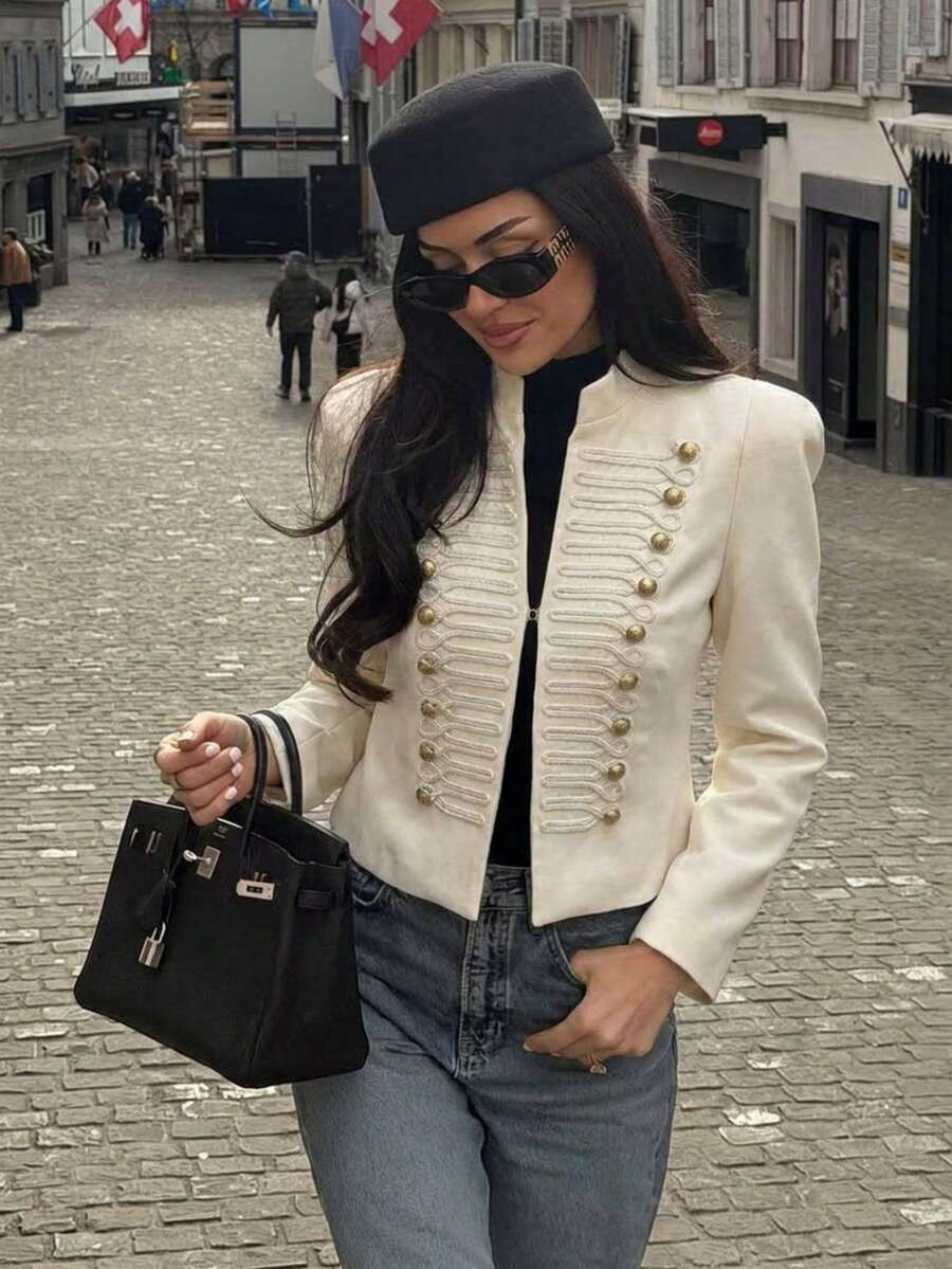 GMFP Women's Summer/Autumn Casual Elegant Fashion White Rivet Stand Collar Black Short Party Jacket Holiday Season Independence Day Back To School Halloween Women's Top | SHEIN