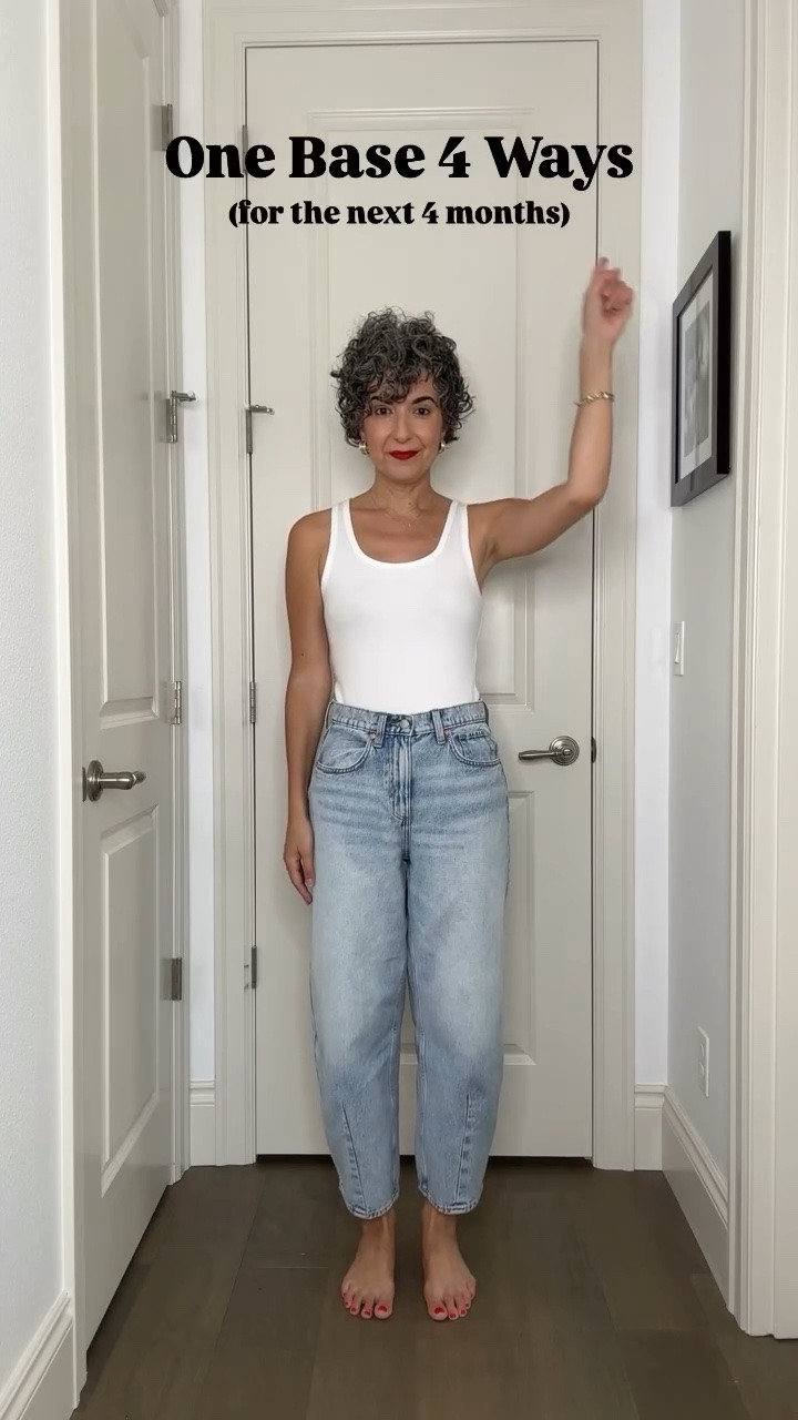 One Base 4 Ways - my very favorite barrel jeans are back this season in several washes. I’m wearing the light wash. They are so comfortable, and TTS (I’m in a 4)!