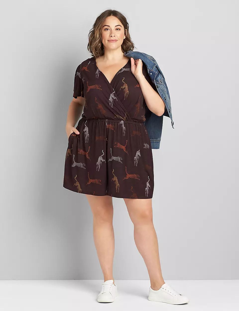 Short Flutter-Sleeve Crossover Romper | Lane Bryant (US)