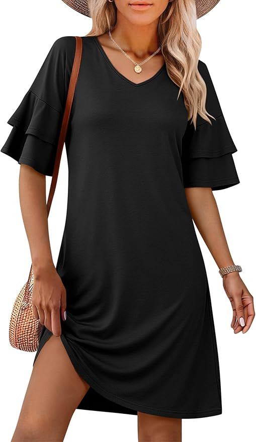 ANRABESS Womens Summer Dresses 2026 Ruffle Sleeve V Neck Casual A Line Tshirt Mini Dress Beach Va... | Amazon (US)