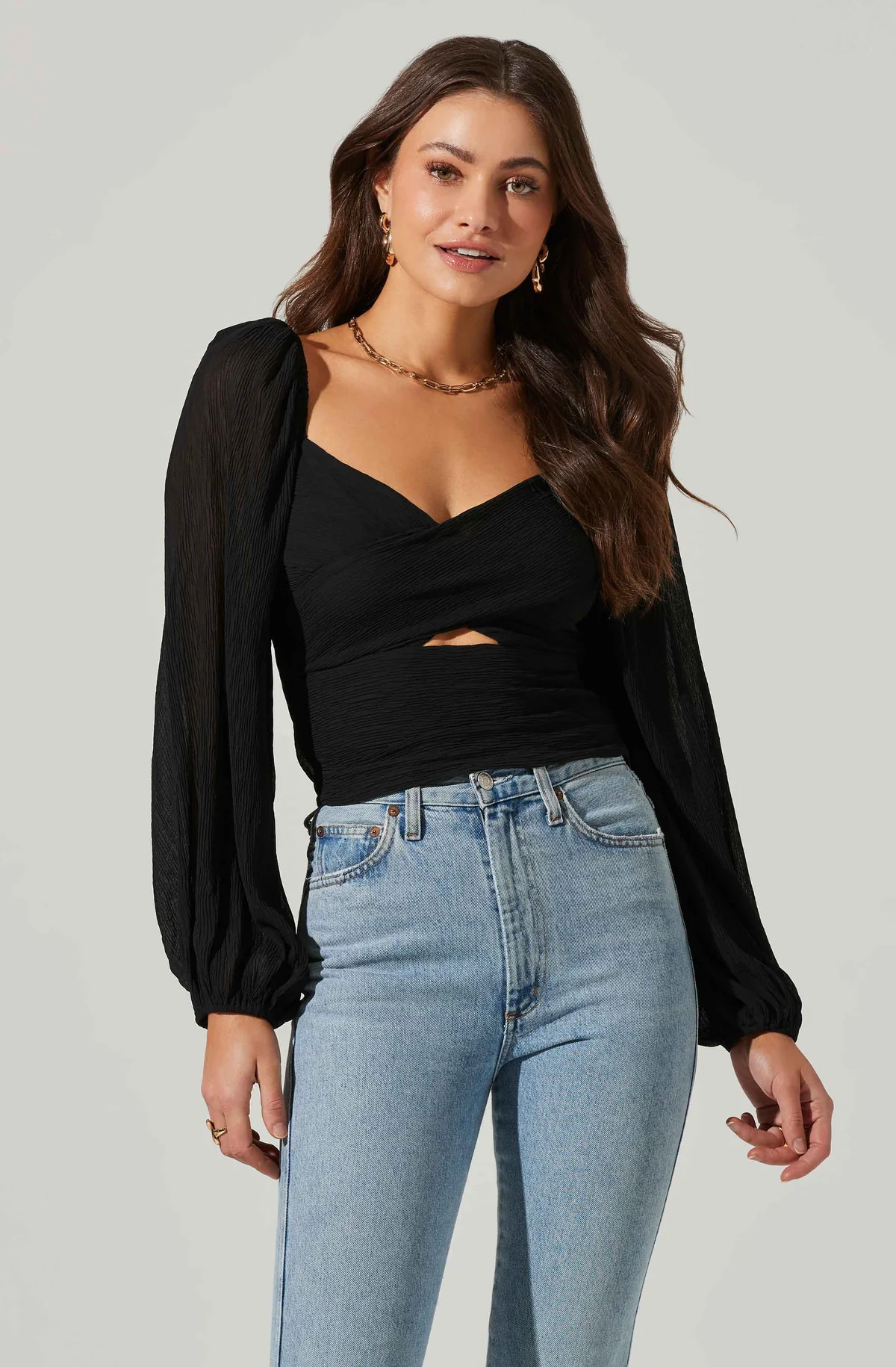 Long Sleeve Plisse Cross Bust Top | ASTR The Label (US)