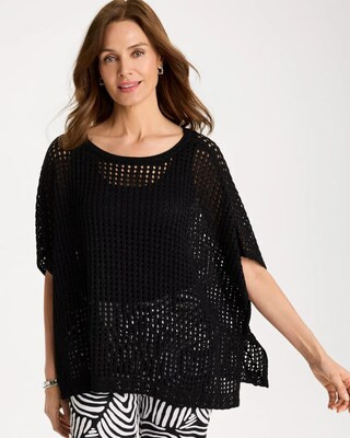 Women's Lurex Open-Stitch Sweater Poncho in Black | Chico's | Chico's