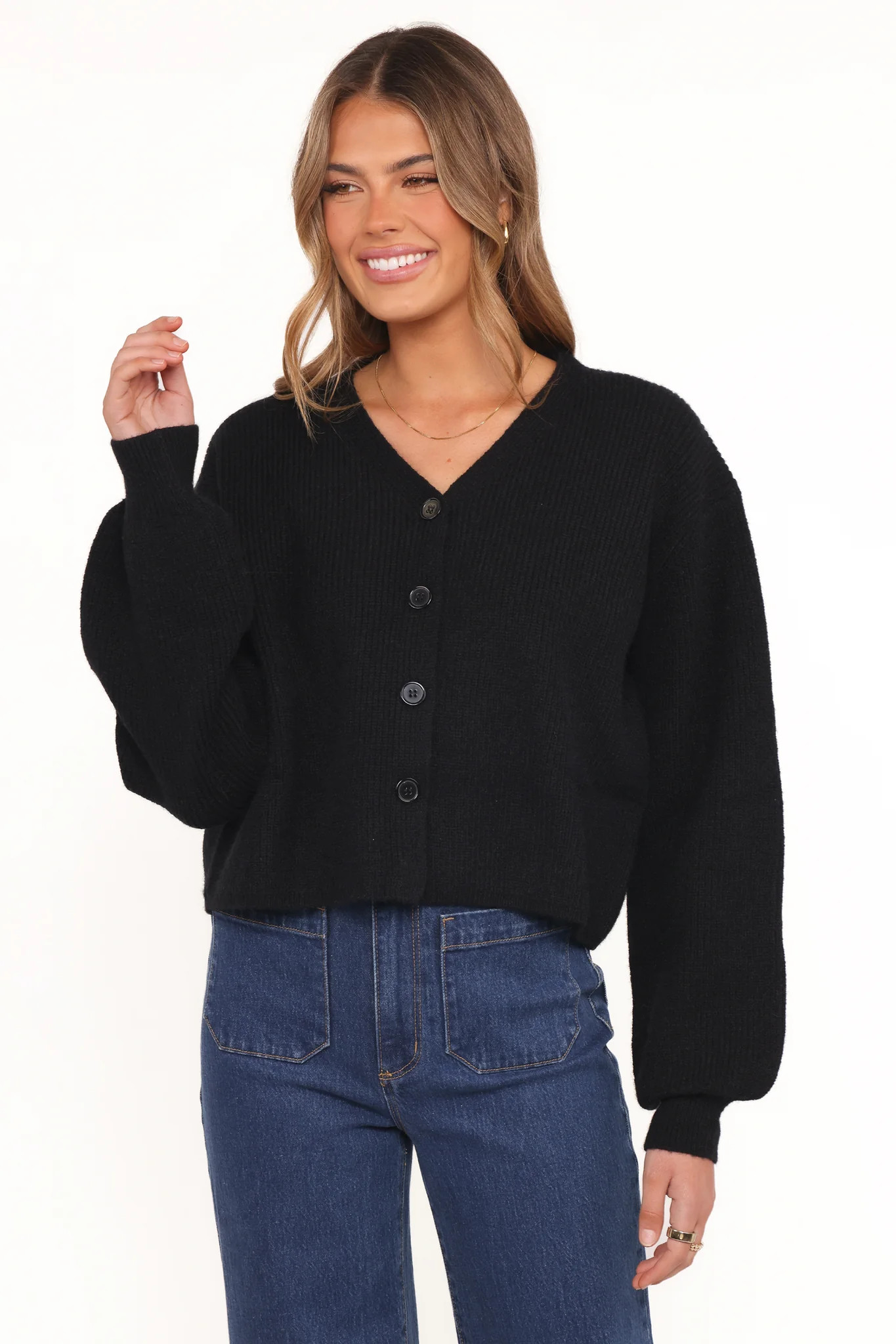 Sybil Button Front Cardigan - Black | Petal & Pup (US)