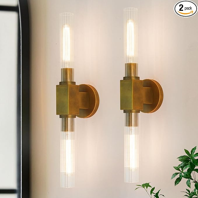 Brass Wall Sconces Set of Two, Clear Ribbed Glass Tube Sconce, Bathroom Sconces Set of 2, Vintage... | Amazon (US)