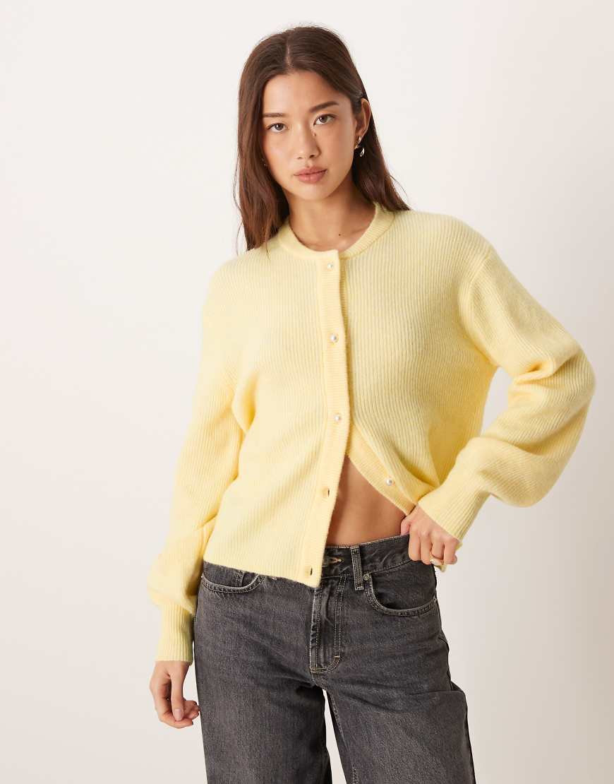 JDY ribbed cardigan with pearl buttons in pastel yellow | ASOS (Global)