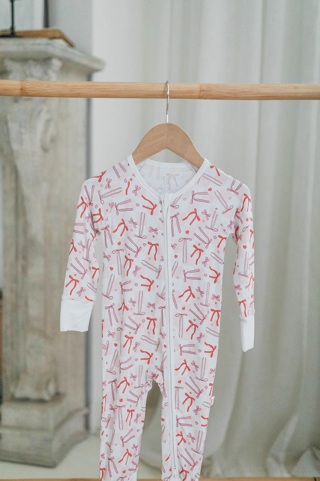 Cozy Pink & White Checkered Zippered Loungewear Romper for Kids - Bow Design | Ollie's Day
