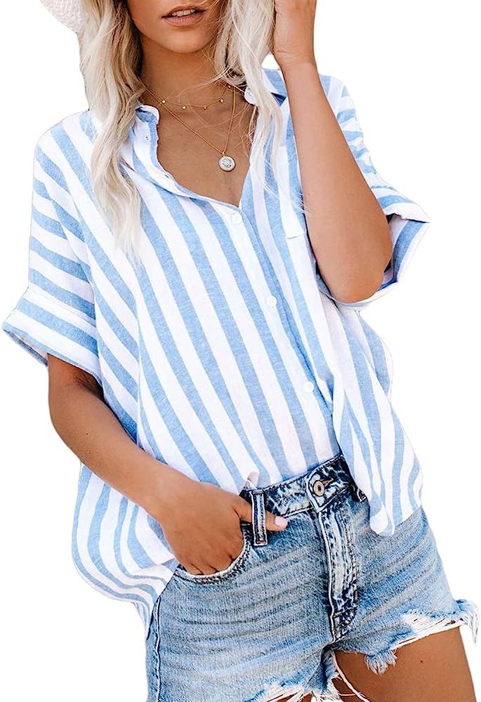 HOTAPEI Womens Summer Blouses Casual V Neck Stripe Short Sleeve Button Down Shirts Tops | Amazon (US)