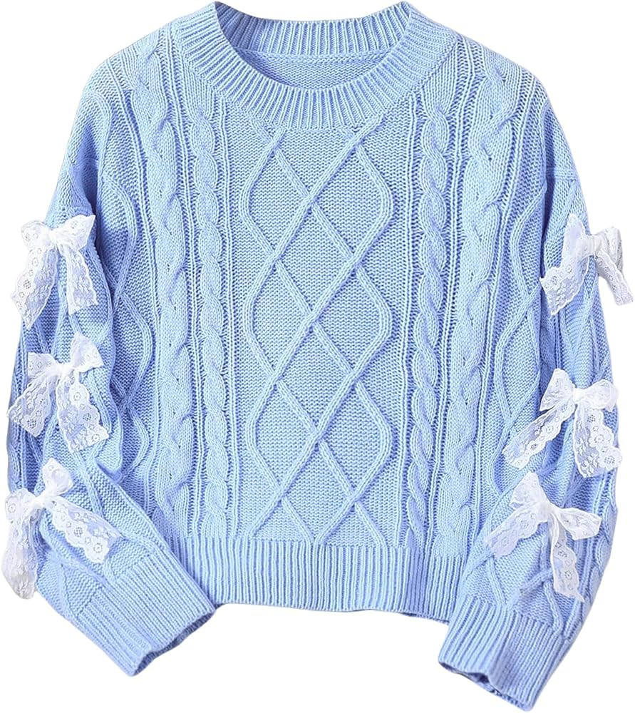 Verdusa Girl's Lace Bow Sweater Coquette Cable Knit Tops Cozy Fall Pullovers | Amazon (US)