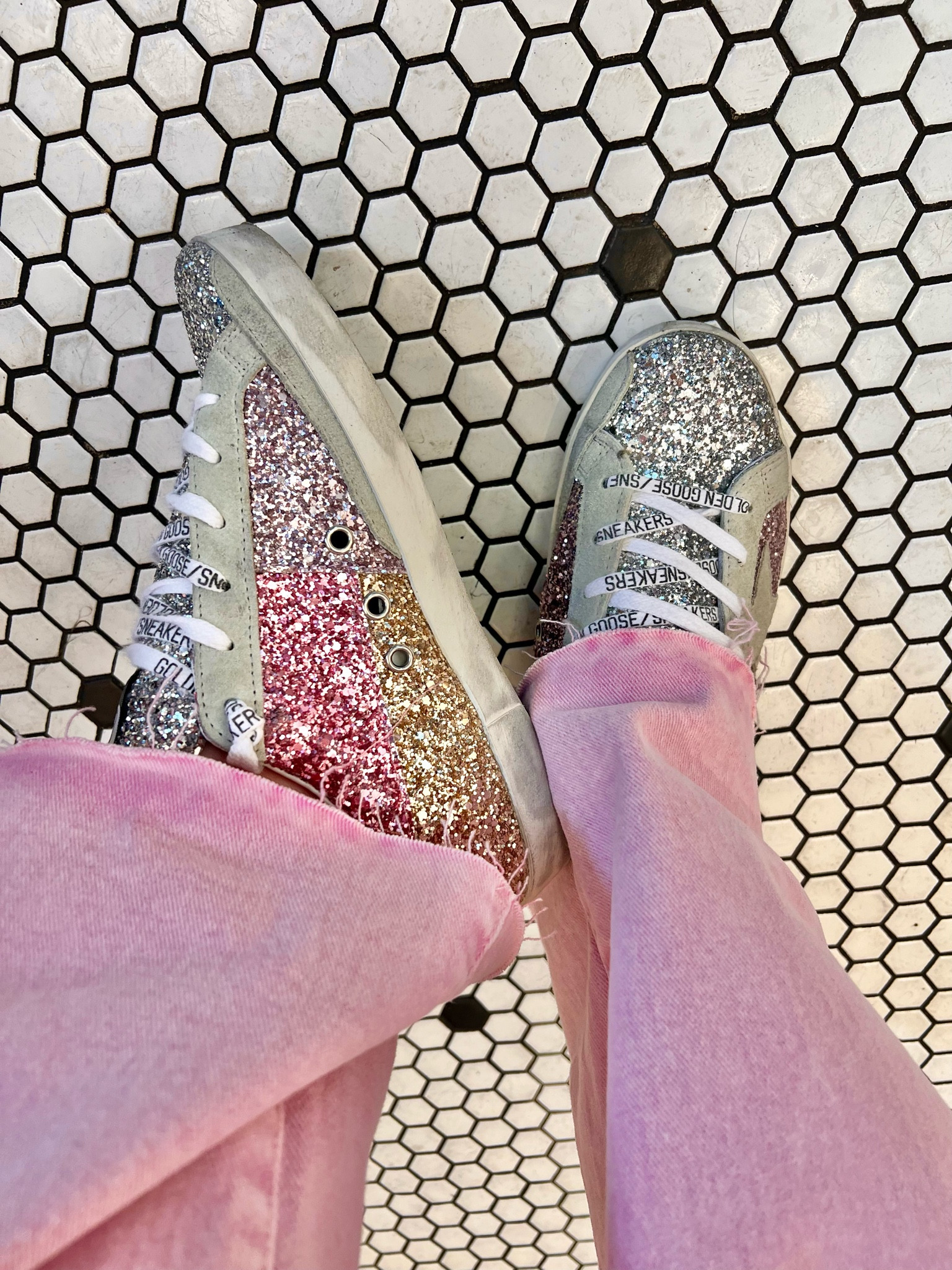 Pink glitter Golden Goose sneaks with pink acid wash wide leg jeans.
I feel so young again 😆

#LTKfindsunder100 #LTKstyletip #LTKshoecrush