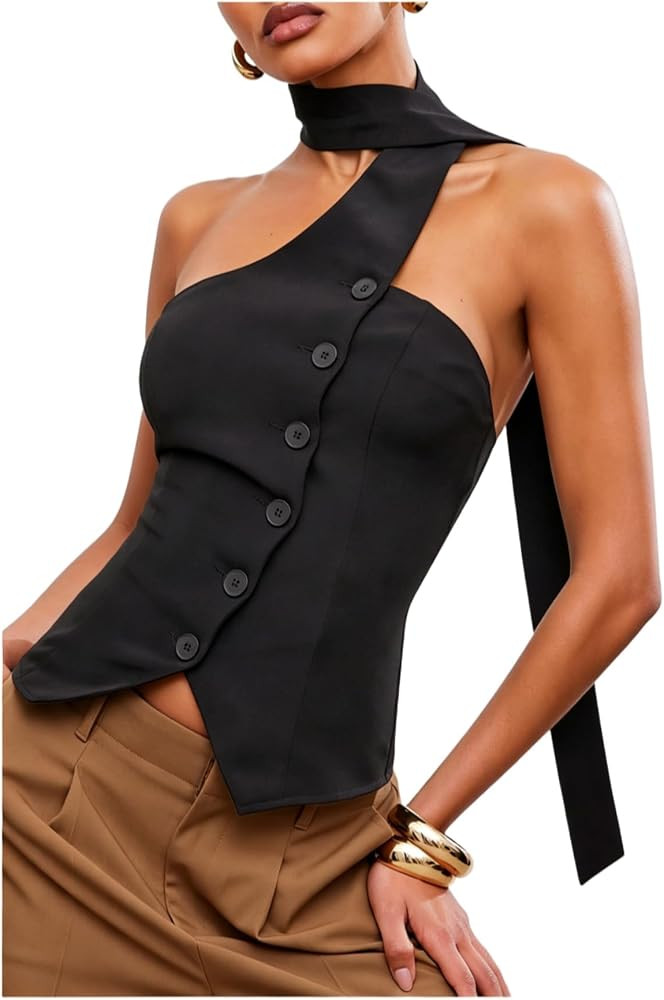 Floerns Women's Backless Halter Tops Button Down Sleeveless Going Out Tank Tops with Scarf | Amazon (US)