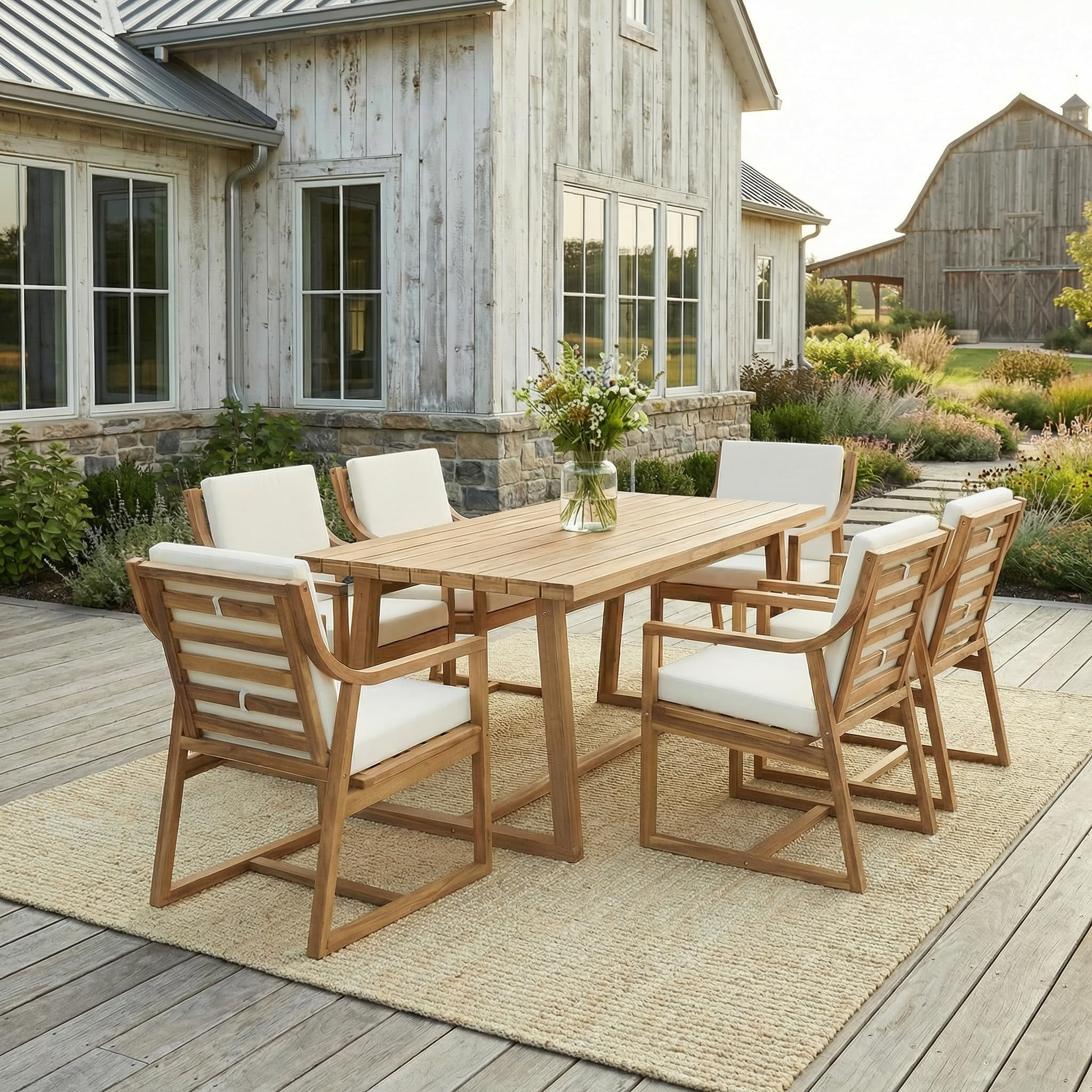 Merax 7-Piece Patio Dining Set, Acacia Wood Rectangular Dining Table and Chairs Set with Cushions, Outdoor Furniture Set for Backyard, Garden, Poolside,Light Teak | Amazon (US)