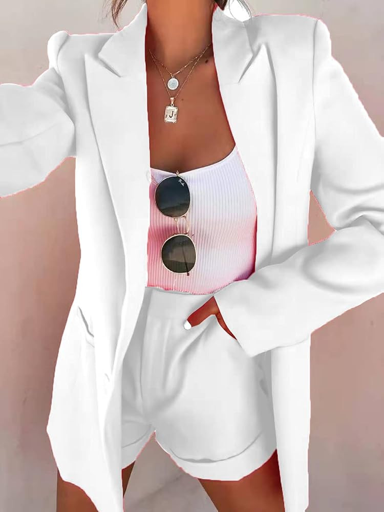 Remelon Casual Two Piece Outfit for Women Long Sleeve Blazer and High Waist Shorts Business Suit Set | Amazon (US)