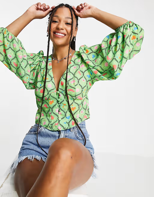 ASOS DESIGN button front tea blouse in bright green floral | ASOS (Global)