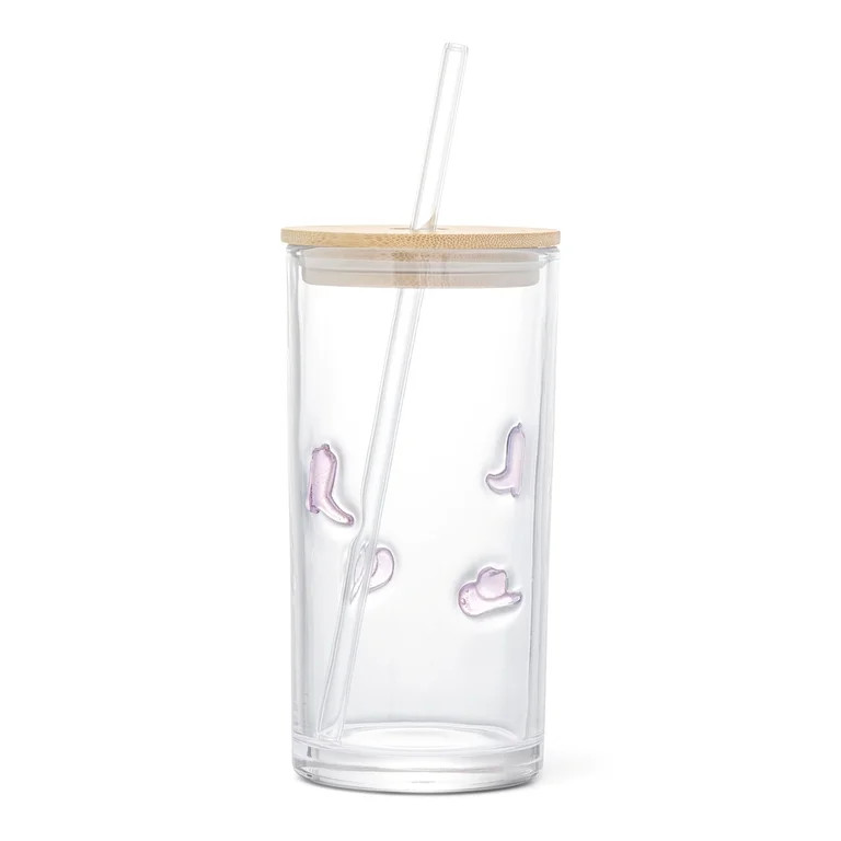 Thyme & Table 16 fl oz Pink Cowboy Charms Sipper with Glass Straw and Wood Lid | Walmart (US)