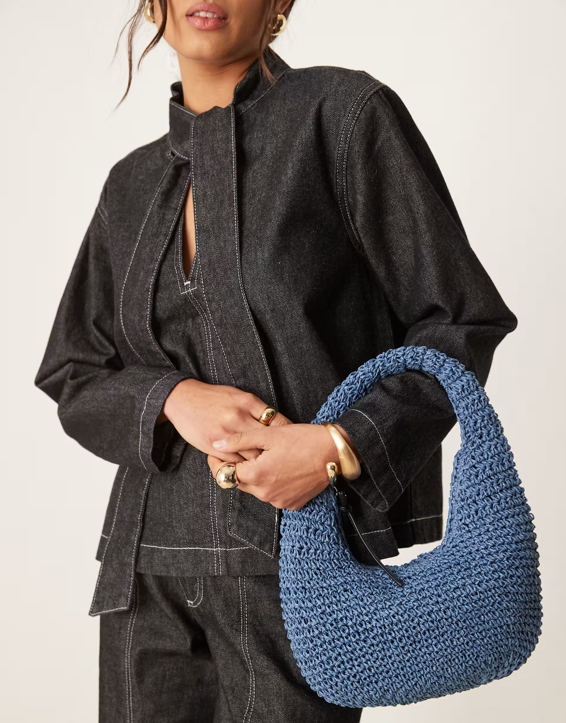 ASOS DESIGN hand crochet straw shoulder bag in blue | ASOS (Global)