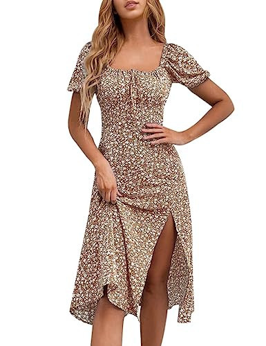 SPRIME Women's Floral Summer Casual Dress Square Neck Puff Sleeve Boho Midi Dresses Ruched Bust H... | Amazon (US)