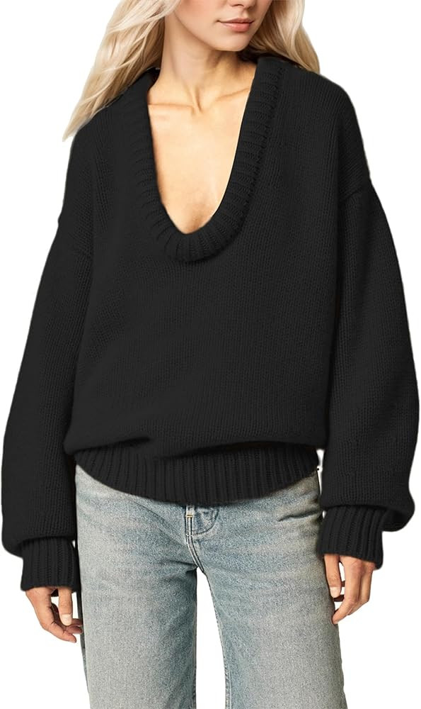 Livtany Women’s Oversized Ribbed Deep V Neck Sweater Long Sleeve Drop Shoulder Pullover Top Cas... | Amazon (US)